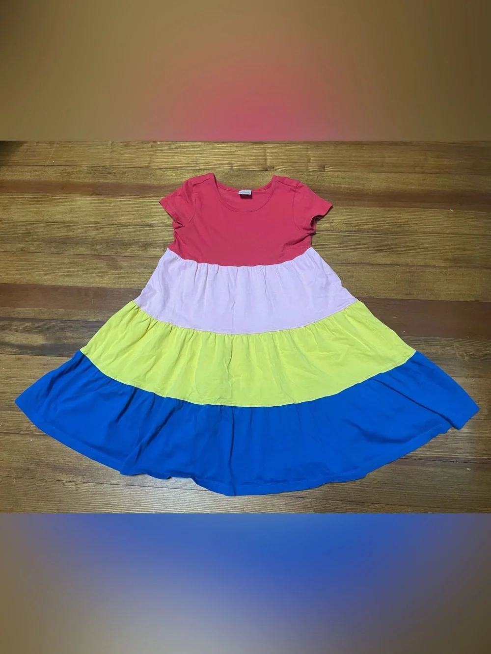 Hanna Andersson Red Pink Yellow Blue Tiered Color Block Cotton Dress Size 6-7